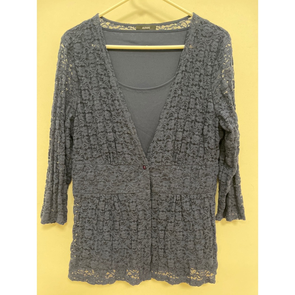 Alfani Womens Floral Lace Empire Waist Peplum Blouse Gray 3/4 Sleeve V-Neck Top